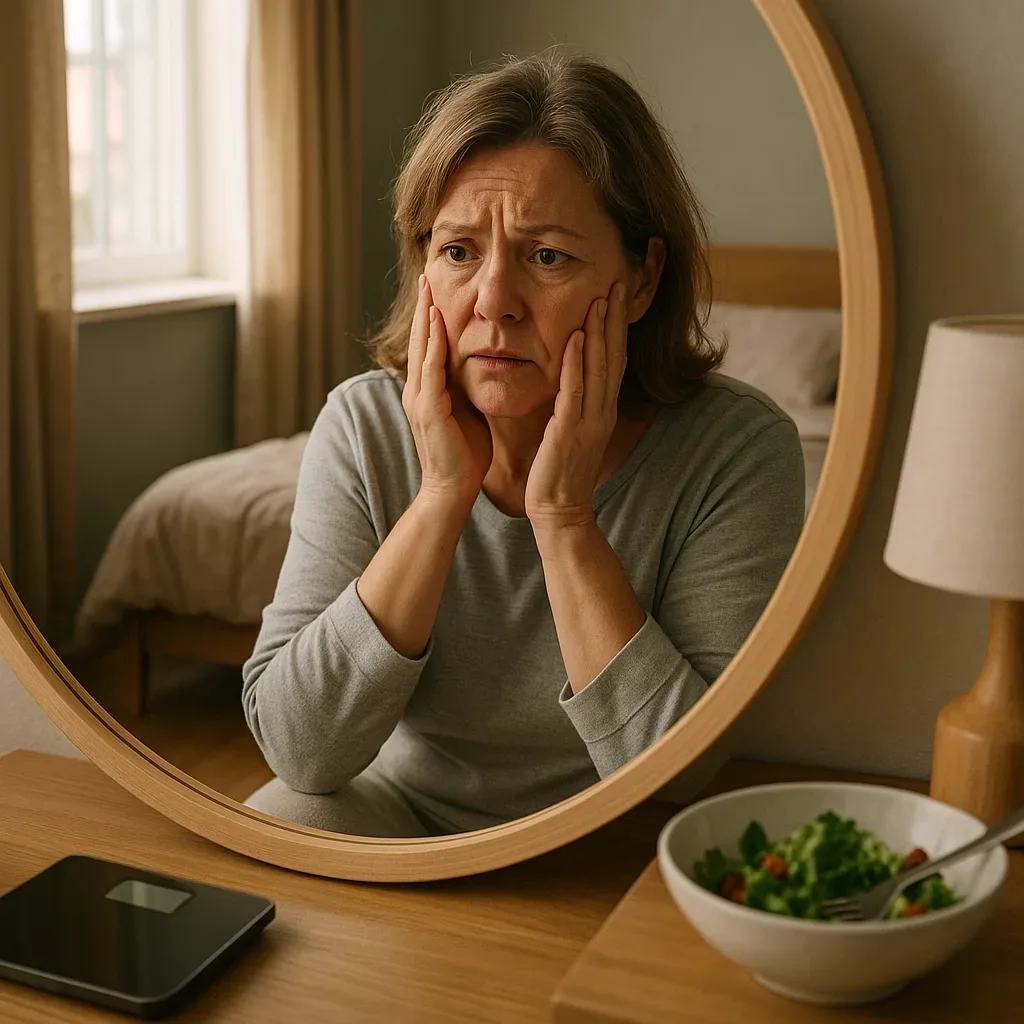 Middle-aged woman looking into a mirror with concern, hinting at eating disorder signs.